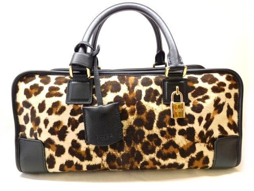 Loewe Amazona Leopard Calfskin Leather Top Handle Bag Brown